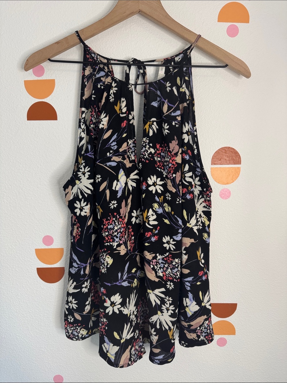 Lush Black Floral Halter Camisole with Keyhole Tie N0276